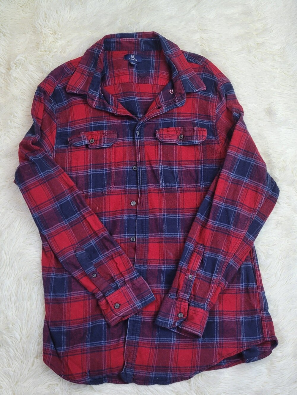 GEORGE Men Size 2XLT 50-52 Red Plaid Flannel Button Down Front Shirt